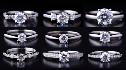 A row of diamond rings are displayed in a row