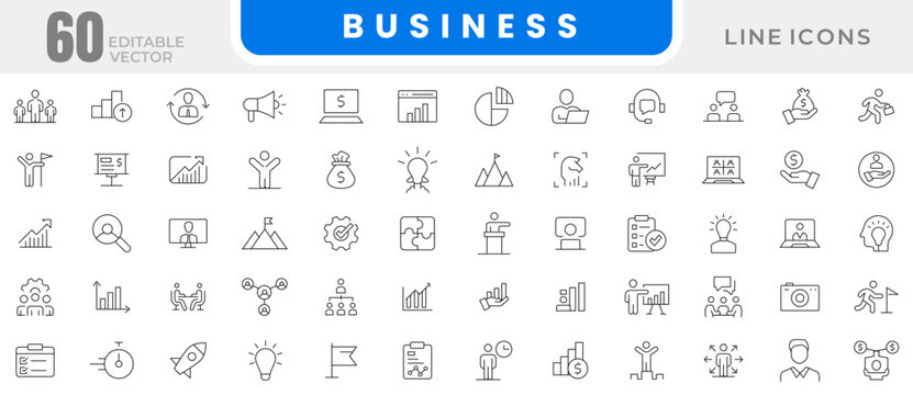 Business line icon set. Business strategy, Business solutions, Action List, research, solution, team, marketing, startup, advertising, business process, management outline icon collection.