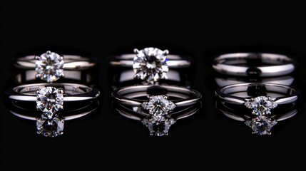Fototapeta premium A row of diamond rings are displayed on a black background