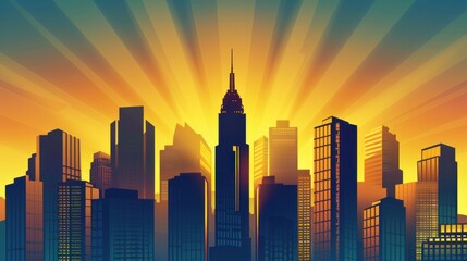 Obraz premium A breathtaking panorama of a city skyline, with a luxurious skyscraper illuminated by the golden rays of a sunrise