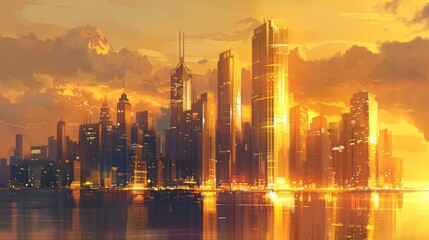 Fototapeta premium A breathtaking panorama of a city skyline, with a luxurious skyscraper illuminated by the golden rays of a sunrise