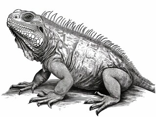 Obraz premium Black and white Vintage engraved art of an iguana isolated on white background, ink sketch illustration, simple vector art design, highly detailed line art, high contrasty 