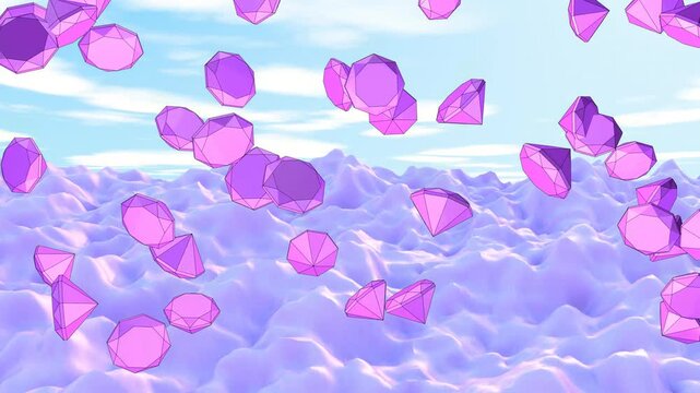 Purple rubies fall on a futuristic ocean or sea. 3D animation. Futuristic original animation.