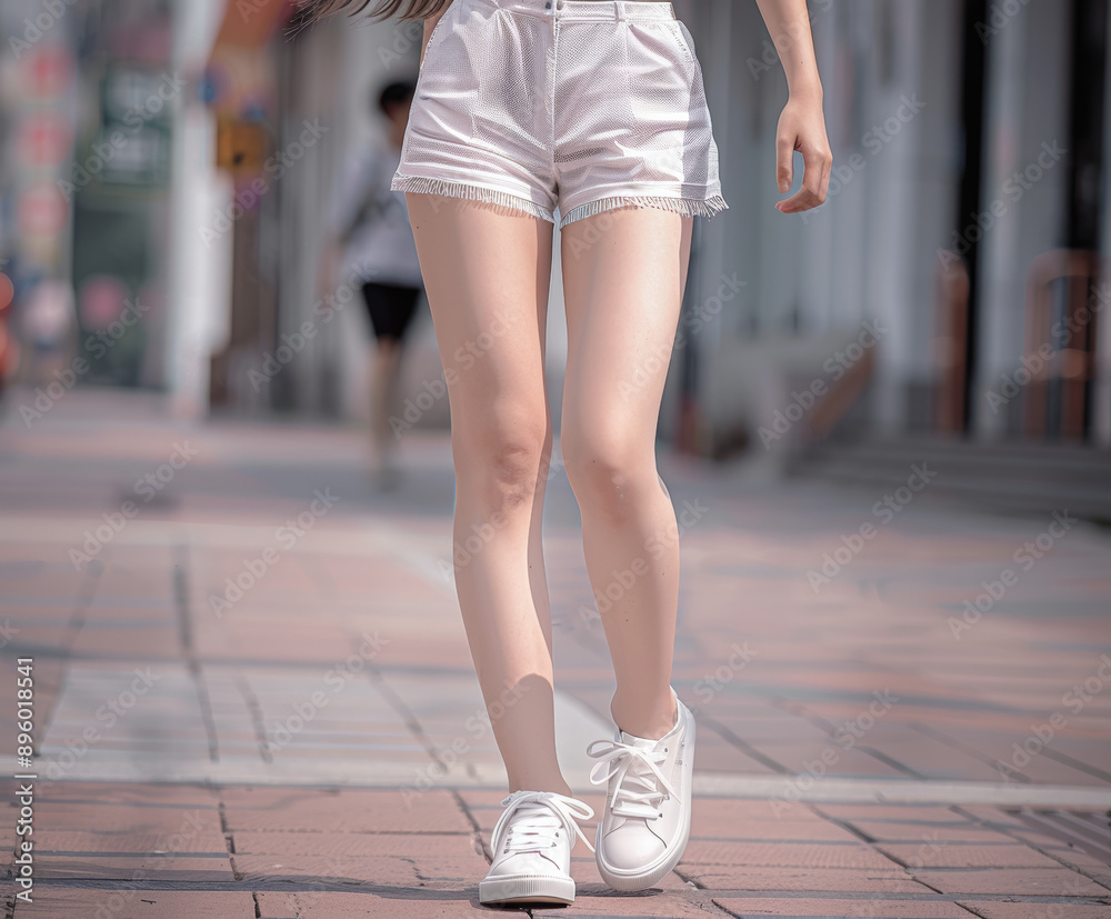 Wall mural a woman wearing white shorts and white shoes walks down a sidewalk