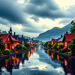 흐린 장마속의 마을 전경