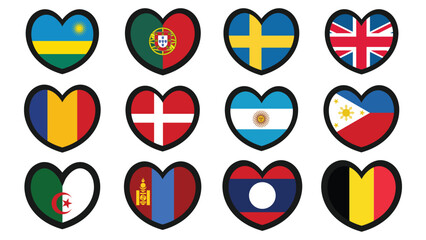 Heart shaped national flags set vector illustration design. country flags collection.