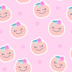 Fashion tropics fruit funny wallpapers. Seamless pattern of peach with cute face on pink background. Bright summer illustration design for kids, baby fabric and decor print