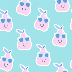 Obraz premium Fashion tropics fruit funny wallpapers. Seamless pattern of pear with cute face on mint background. Bright summer illustration design for kids, baby fabric and decor print