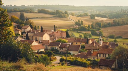Naklejka premium A charming French village nestled amidst rolling hills