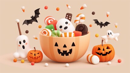 Obraz premium Halloween Candy Bowl Delight: A 3D rendering of a festive scene featuring a pumpkin bowl overflowing with Halloween candy, surrounded by playful ghosts and bats, perfect for spooky celebrations. 