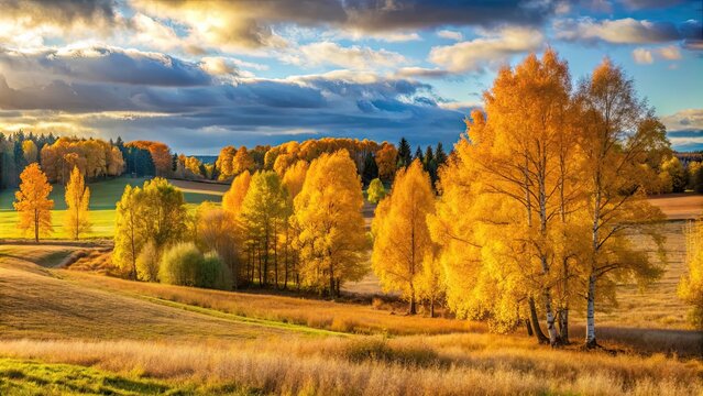 Early fall in Latvian countryside with golden trees and serene atmosphere, Latvia, countryside, early fall, autumn