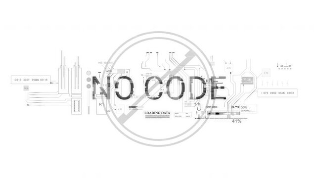 No Code programming software app word text title appear style of HUD computer scifi Data No Coding stop prohibited White background