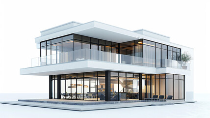 Contemporary minimal house, 3D rendering on white backdrop,