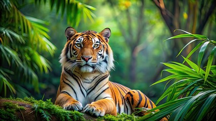 Majestic tiger resting in lush green jungle, tiger, jungle, wildlife, predator, nature, exotic, big cat, feline