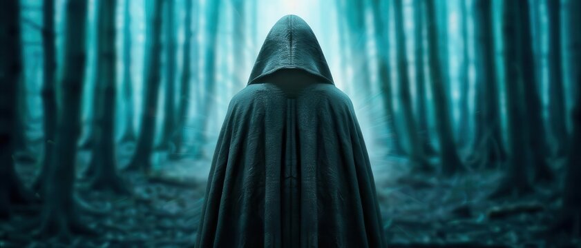 Zatan cloaked in darkness performing a ritual in a haunted forest, eerie and mystical