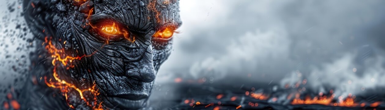 Zatan with fiery eyes standing in a volcanic landscape, intense and otherworldly