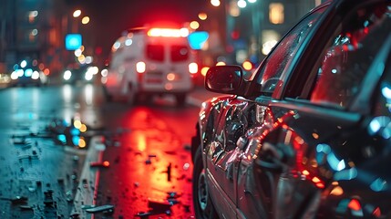 Defocused Accident Scene with Police and Ambulance at Night on Rainy City Street