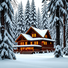 깊은 숲속의 눈내린 저택