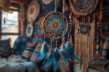 Fototapeta premium Blue and brown dream catcher hanging from a ceiling