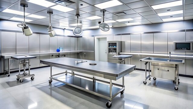 Sterile autopsy room with stainless steel tables and medical equipment, autopsy, room, sterile