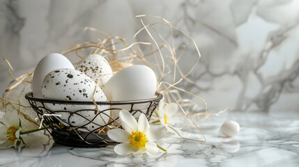 Decorative white eggs in a metal basket with eggs, spring flowers and straw on a marble table
