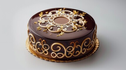 A decadent fruit cake, layered with marzipan and enrobed in a rich chocolate ganache, embellished with intricate piped designs and edible gold leaf.