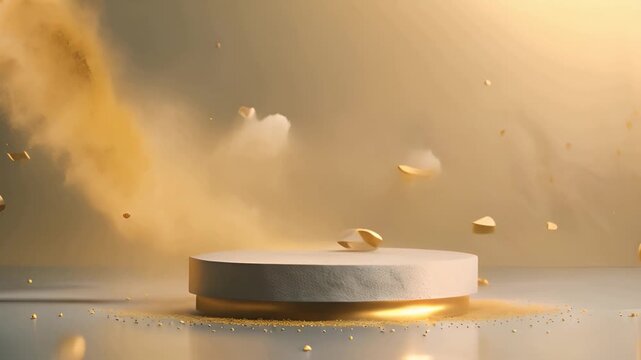 Abstract empty stone podium with luxury golden confetti. Cosmetic beauty product promotion pedestal