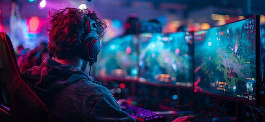 A gamer playing in an esports tournament, surrounded by large screens showing the game being played.