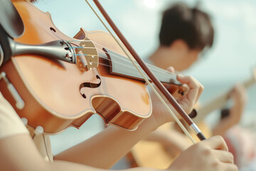 Close Up of a Violinist Playing Outdoors with Blurred Background, Warm Light, and Focused Detail