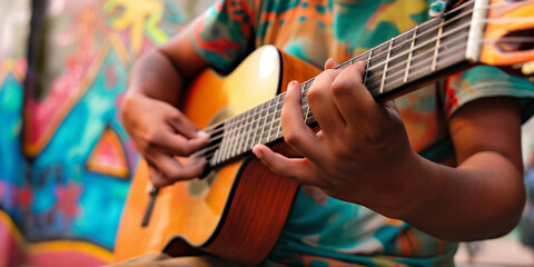 Close Up of Hands Playing Acoustic Guitar Against Colorful Street Art Background