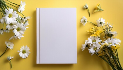 new white notebook with flowers around on yellow table
