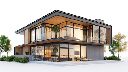Modern house design, 3D rendering on white background, minimal style,