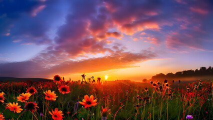 Fototapeta premium an-early-morning-sunrise-over-a-field-of-wildflowers-with-the-sky-ablaze-in-warm-colors 