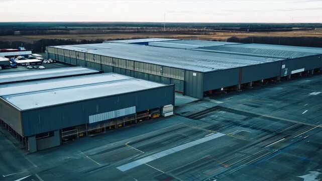 Logistics distribution center, Retail warehouse. Drone view, Ai Footage.