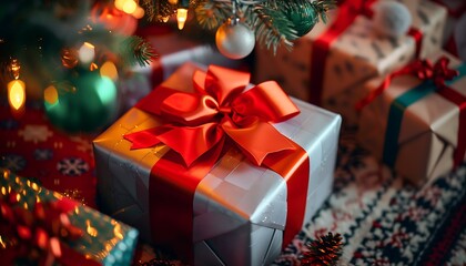 A beautifully wrapped Christmas gift with a shiny red bow placed under a brightly lit Christmas tree surrounded by other colorful presents