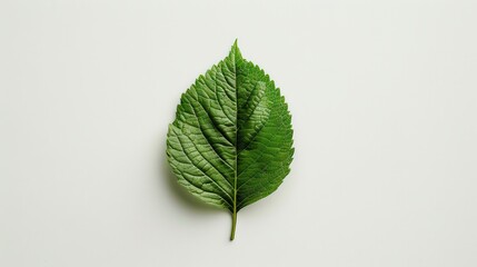 A single leaf on a white background, emphasizing the simplicity and natural beauty of nature. Perfect for graphic designs and articles about harmony with nature.