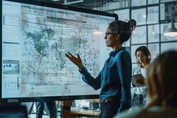 Female Mathematician Explains Complex Model with Interactive Screen in Collaborative Meeting