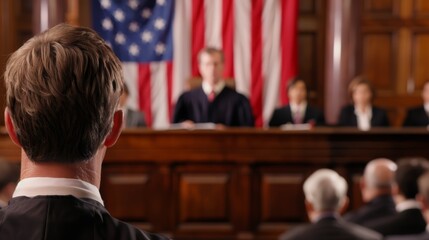 A courtroom scene with a bankruptcy judge and attorneys, with copy space, high-resolution photo, realistic photo, cinematography, hyper realistic