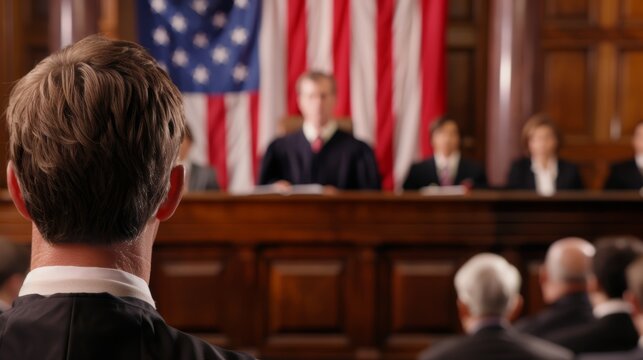 A courtroom scene with a bankruptcy judge and attorneys, with copy space, high-resolution photo, realistic photo, cinematography, hyper realistic