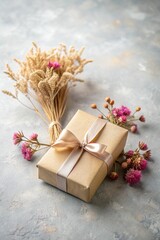 Flat lay greeting card mockup with a gift box and dried flowers