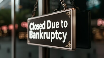 A detailed shot of a "Closed Due to Bankruptcy" sign on a storefront, with copy space, high-resolution photo, realistic photo, cinematography, hyper realistic