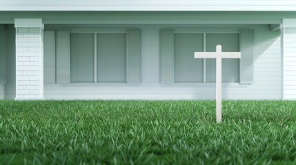 An auction sign posted on the lawn of a foreclosed house, with copy space, high-resolution photo, realistic photo, cinematography, hyper realistic