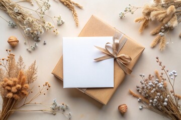 Flat lay greeting card mockup with a gift box and dried flowers