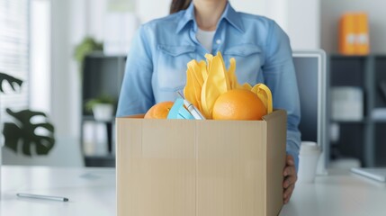 An office worker clearing out their desk, with personal items packed in a box, with copy space, high-resolution photo, realistic photo, cinematography, hyper realistic