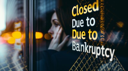 A person looking at their reflection in a shop window with "Closed Due to Bankruptcy" signs