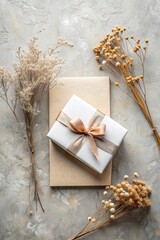 Flat lay greeting card mockup with a gift box and dried flowers