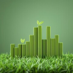 Green growth bar graph with leaves on a grassy background, symbolizing environmental sustainability and ecological progress.