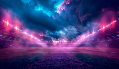 A dramatic football stadium like from champions league illuminated by bright lights at night, with an empty field and the sky filled with dark clouds.,in style of vivid color scheme.