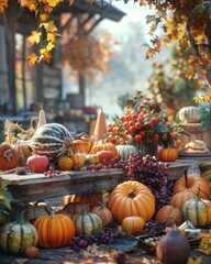 A rustic wooden table overflowing with pumpkins, gourds, grapes, and berries, creating a vibrant autumn harvest scene.