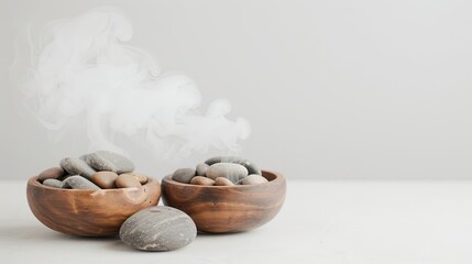 Three wooden bowls filled with different sizes of charcoal pieces. A plume of smoke rises from the bowl on the left